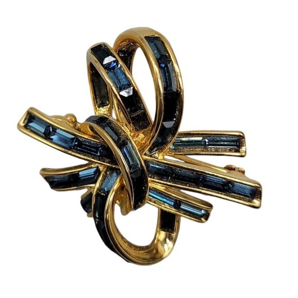 Nolan Miller Bow Brooch Baguette Rhinestones Vintage Retired Knot Gold Plated - Picture 5 of 10